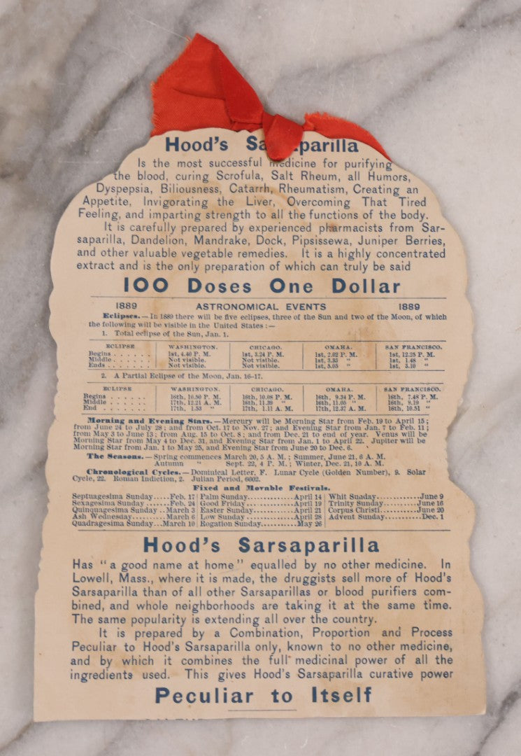 Lot 189 - Grouping Of Four Large Size Antique Chromolithograph Die Cut Advertisements Including Hood's Sarsaparilla, 1889, D. McCarthy & Co., Syracuse, New York In Banjo Form, And Two 1880s The Great Atlantic And Pacific Tea Co.