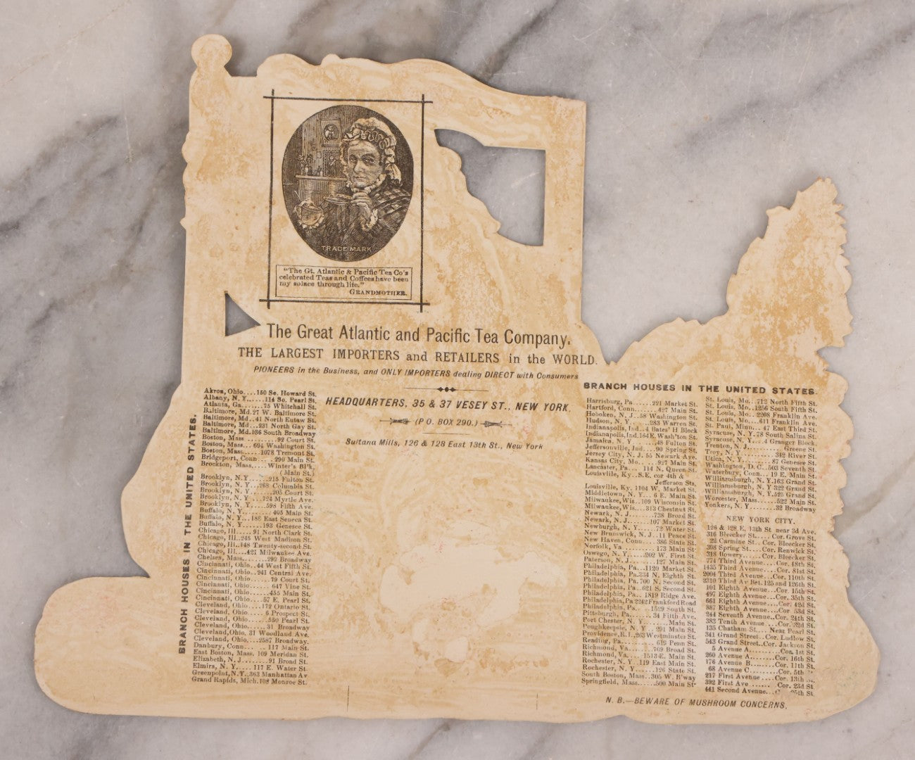 Lot 189 - Grouping Of Four Large Size Antique Chromolithograph Die Cut Advertisements Including Hood's Sarsaparilla, 1889, D. McCarthy & Co., Syracuse, New York In Banjo Form, And Two 1880s The Great Atlantic And Pacific Tea Co.