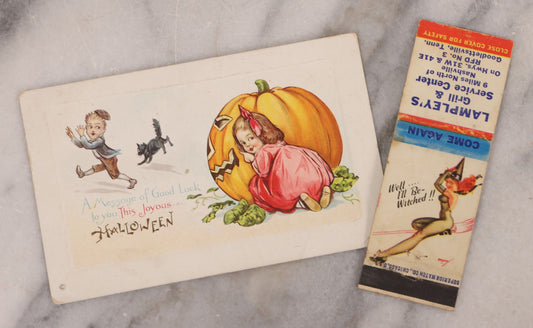 Lot 191 - Pair Of Halloween Ephemera Items Including Antique Halloween Postcard Postmarked 1913 And Vintage Matchbook Cover With Witch Pinup Woman Advertising Lampley's Grill & Service Center, Nashville And Goodlettsville, Tennessee