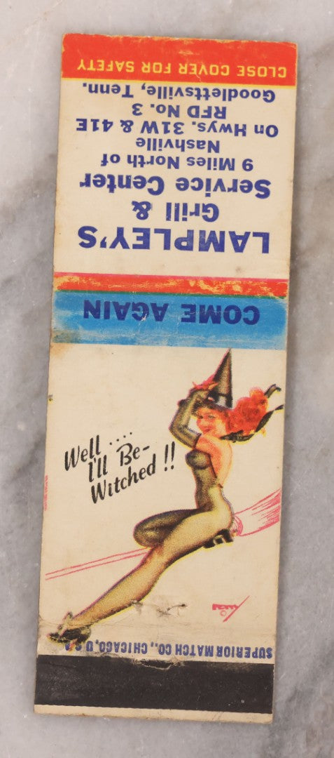 Lot 191 - Pair Of Halloween Ephemera Items Including Antique Halloween Postcard Postmarked 1913 And Vintage Matchbook Cover With Witch Pinup Woman Advertising Lampley's Grill & Service Center, Nashville And Goodlettsville, Tennessee