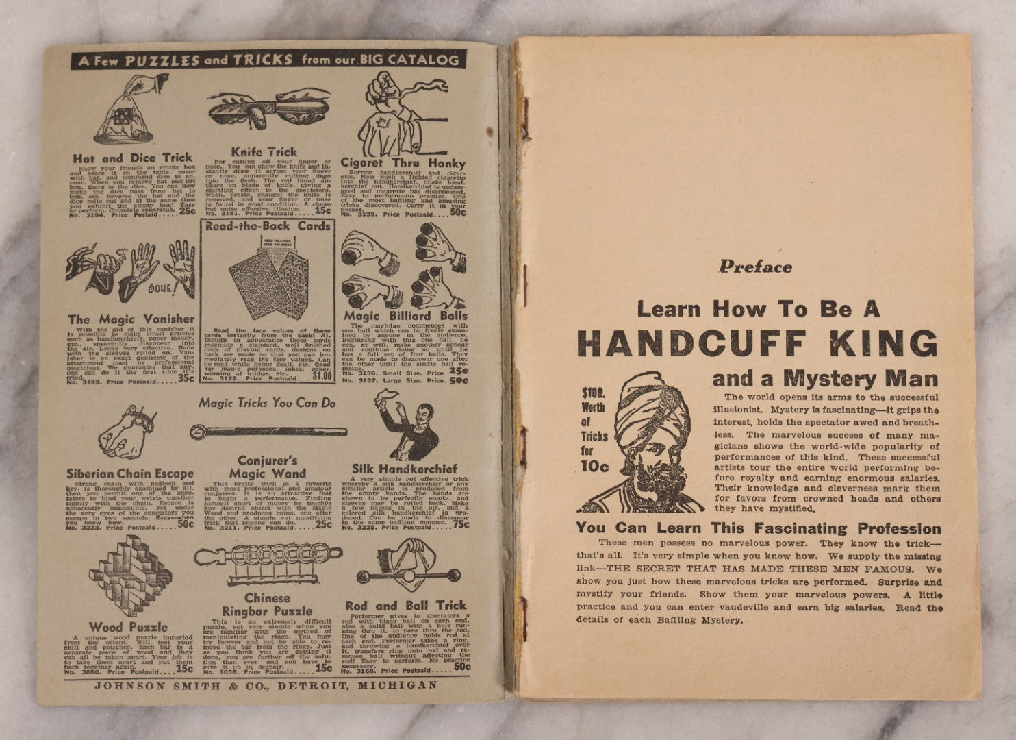 Lot 193 - Vintage "Learn How To Be A Handcuff King And Mystery Man" Magic Booklet Published By Johnson Smith & Company, Detroit, Michigan, Circa 1930
