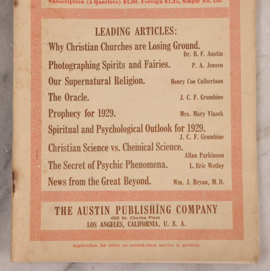Lot 194 - Vintage "Reason Quarterly" Magazine, Volume XXVI, Number 1, 1929, Including Articles On Photographing Spirits And Fairies, Prophecy, Psychic Phenomena, And Christian Churches, Published By The Austin Publishing Company, Los Angeles, California