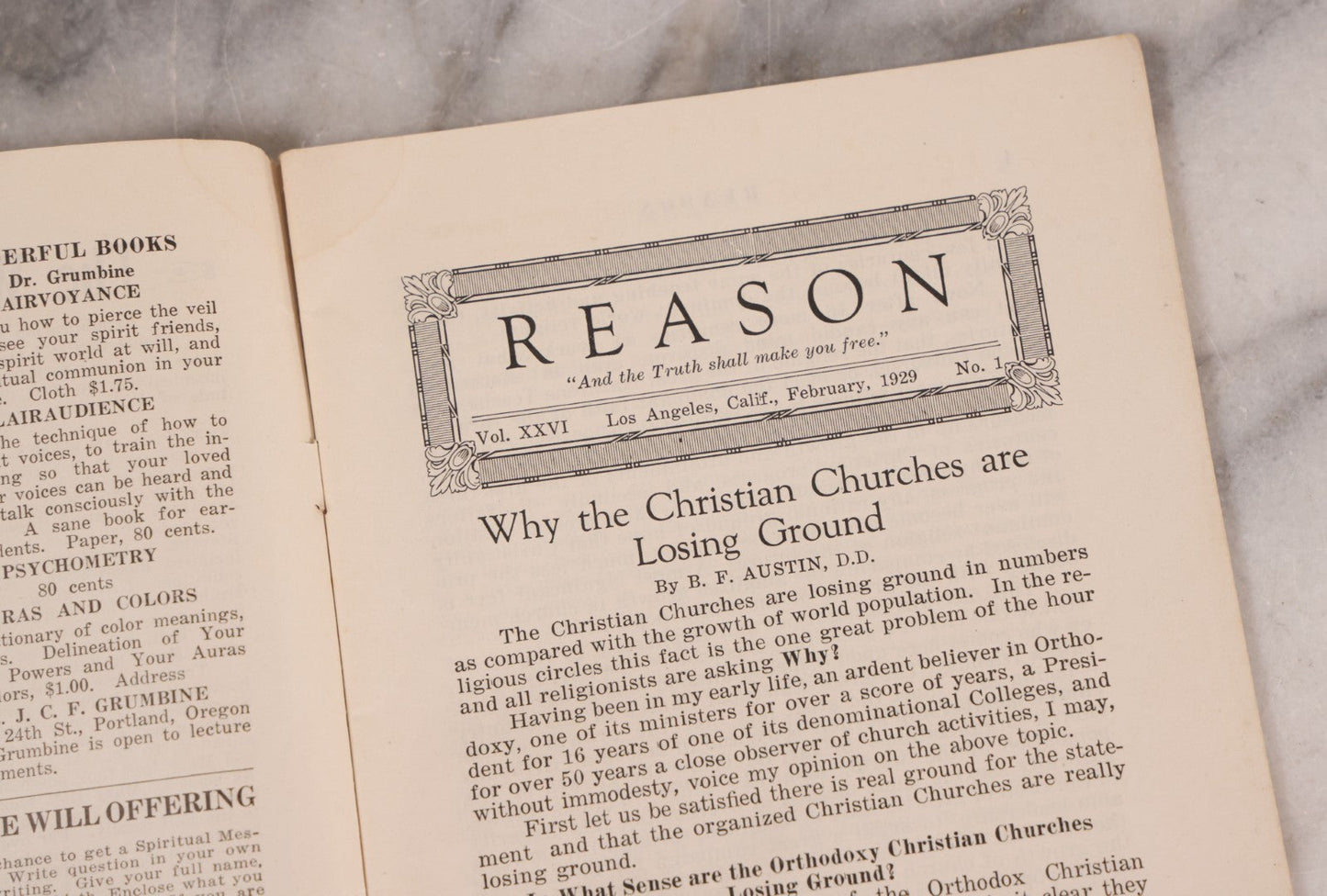 Lot 194 - Vintage "Reason Quarterly" Magazine, Volume XXVI, Number 1, 1929, Including Articles On Photographing Spirits And Fairies, Prophecy, Psychic Phenomena, And Christian Churches, Published By The Austin Publishing Company, Los Angeles, California