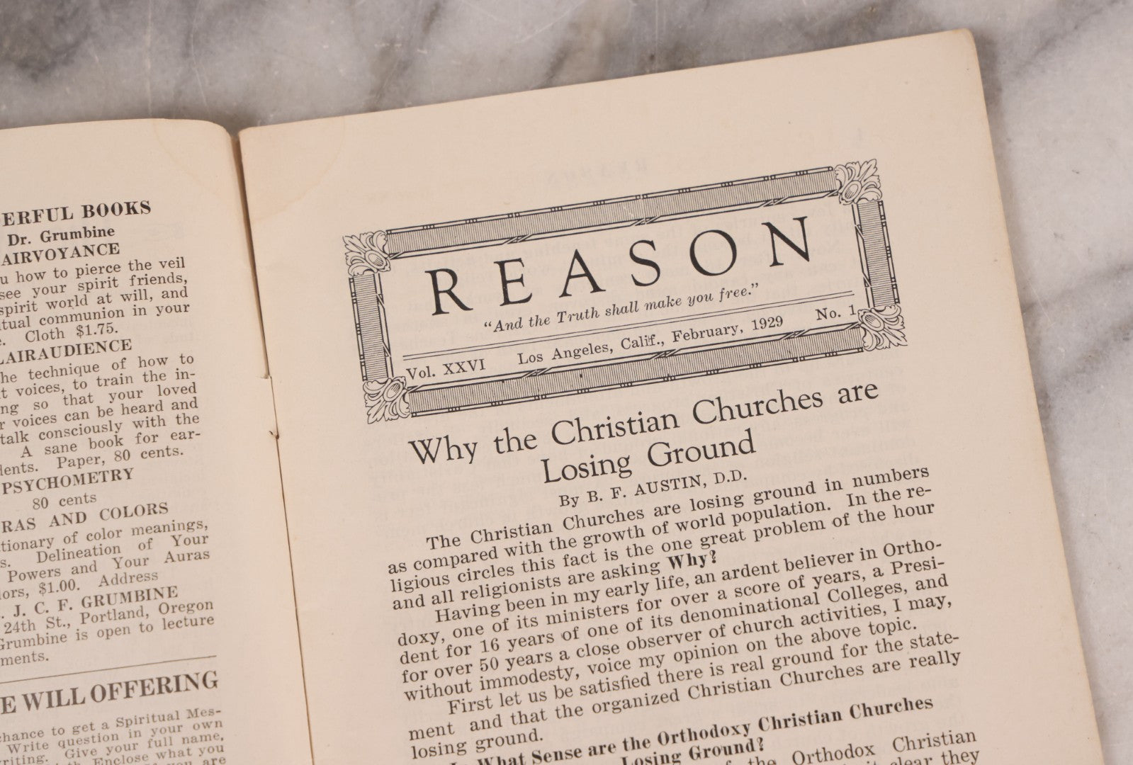 Lot 194 - Vintage "Reason Quarterly" Magazine, Volume XXVI, Number 1, 1929, Including Articles On Photographing Spirits And Fairies, Prophecy, Psychic Phenomena, And Christian Churches, Published By The Austin Publishing Company, Los Angeles, California