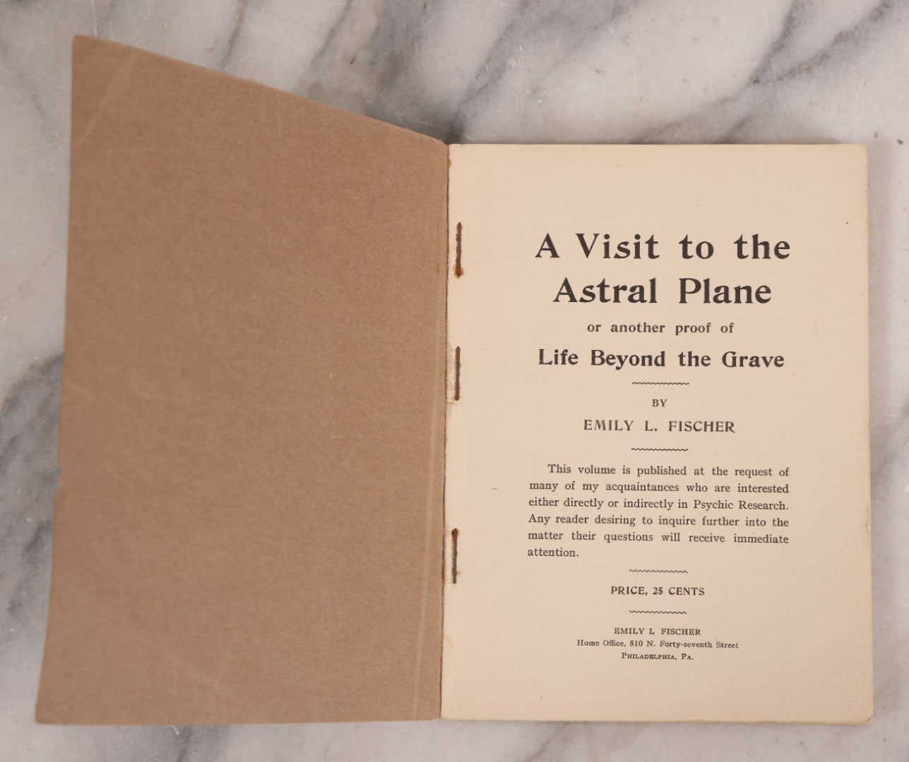 Lot 196 - Vintage "A Visit To The Astral Plane Or Another Proof Of Life Beyond The Grave" Booklet By Emily L. Fischer, Published In Philadelphia, Pennsylvania