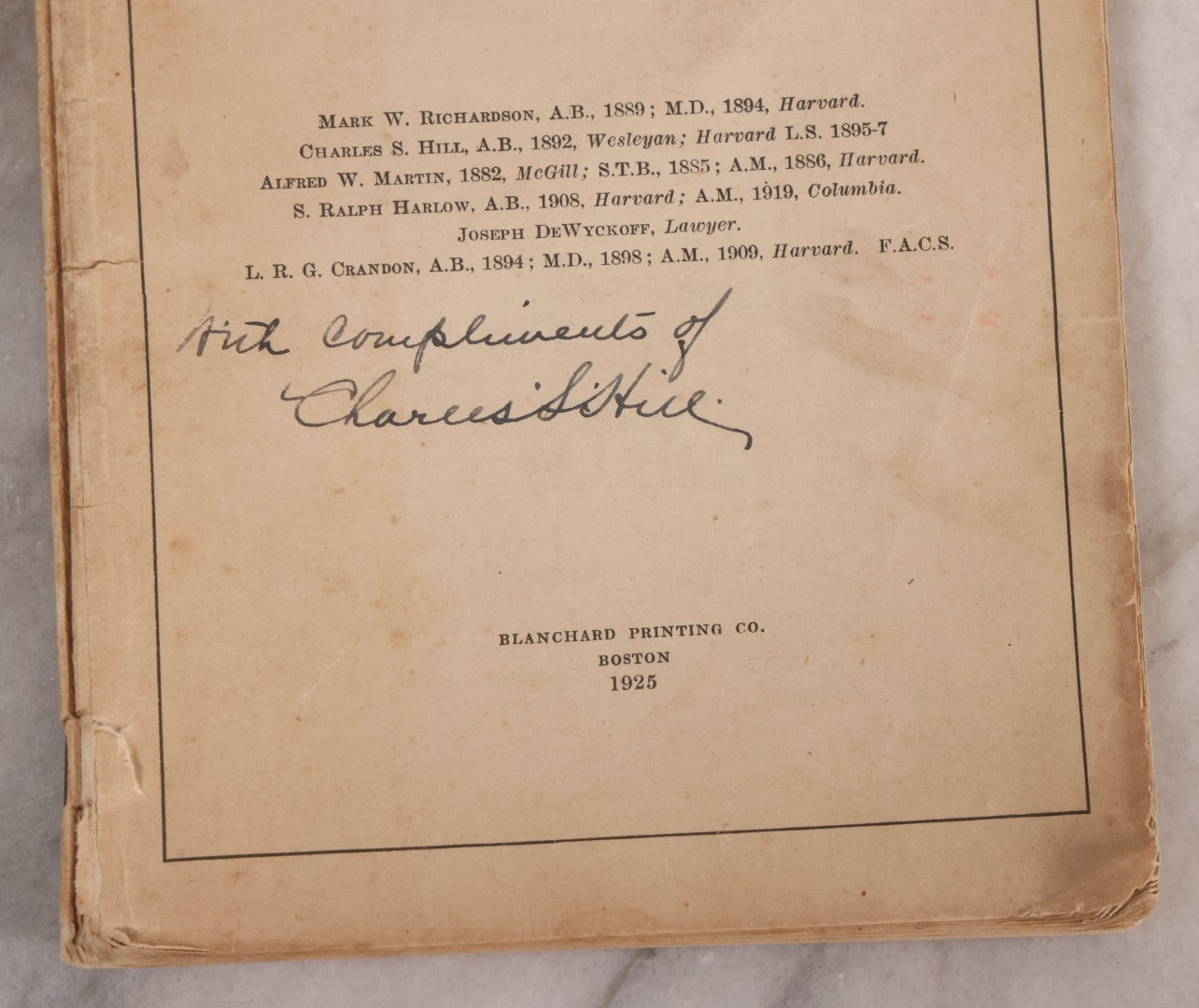 Lot 198 - Vintage "Margery Harvard Veritas A Study In Psychics" Book By Mark W. Richardson, Charles S. Hill, Alfred W. Martin, S. Ralph Harlow, Others, Published By Blanchard Printing Co., Boston, 1925, Signed By Charles S. Hill