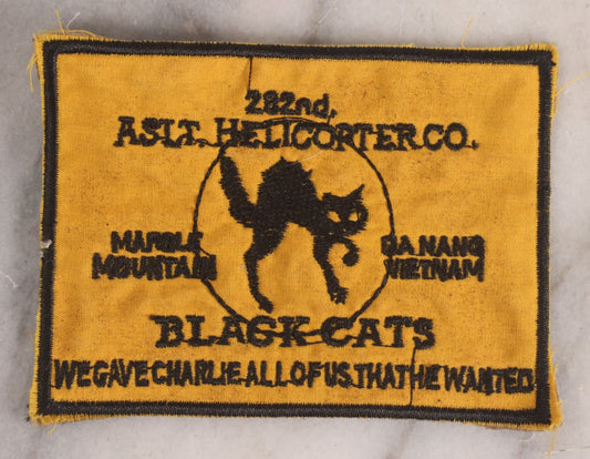 Lot 206 - Vintage Vietnam Era Embroidered 282nd Assault Helicopter Co. Black Cats Patch With Black Cat Graphic, Mapole Mountain, Da Nang Vietnam, "We Gave Charlie All Of Us That He Wanted"