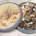 Lot 210 - Vintage Tin With Winter Scene Full Of Buttons, 8-1/4" Diameter