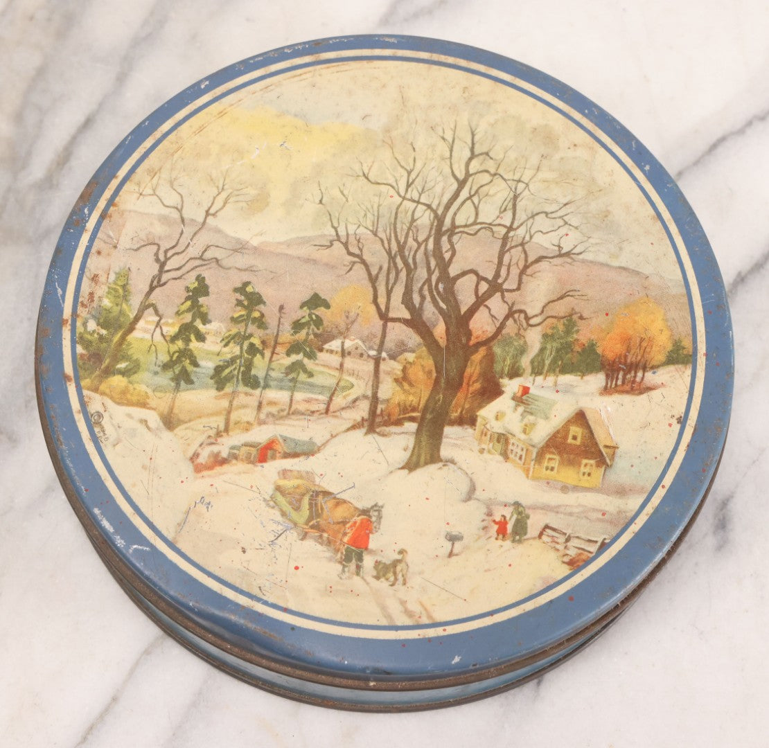 Lot 210 - Vintage Tin With Winter Scene Full Of Buttons, 8-1/4" Diameter