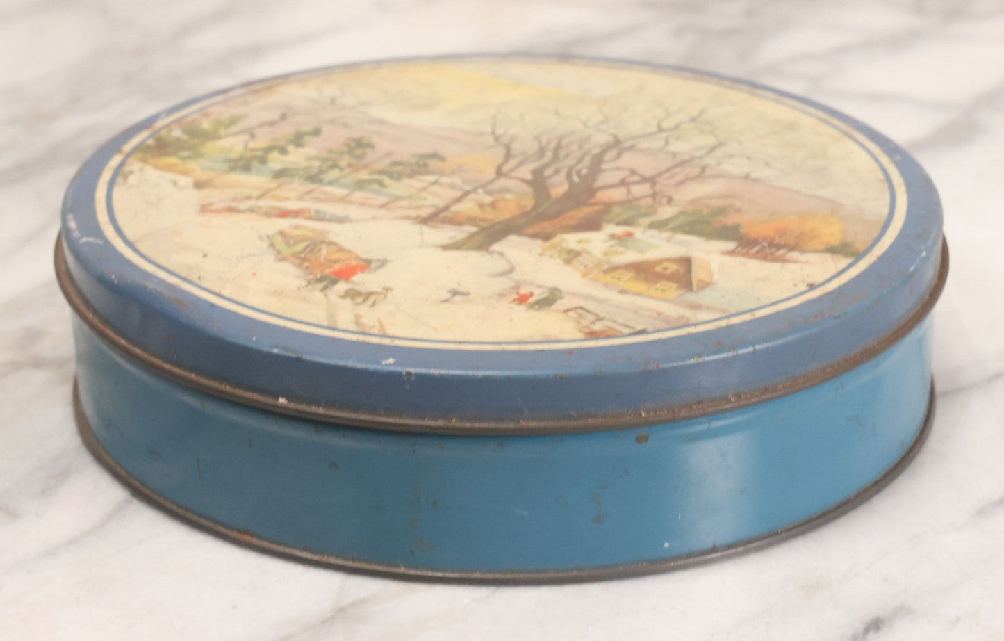 Lot 210 - Vintage Tin With Winter Scene Full Of Buttons, 8-1/4" Diameter