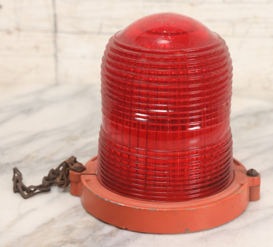 Lot 212 - Vintage Red Glass Warning Light Lens With Orange Painted Metal Base And Chain, 5-1/4" H