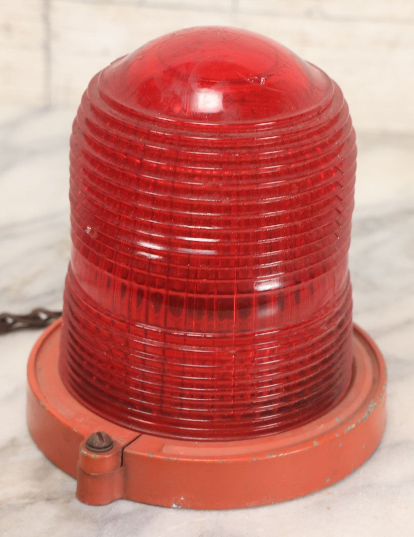 Lot 212 - Vintage Red Glass Warning Light Lens With Orange Painted Metal Base And Chain, 5-1/4" H