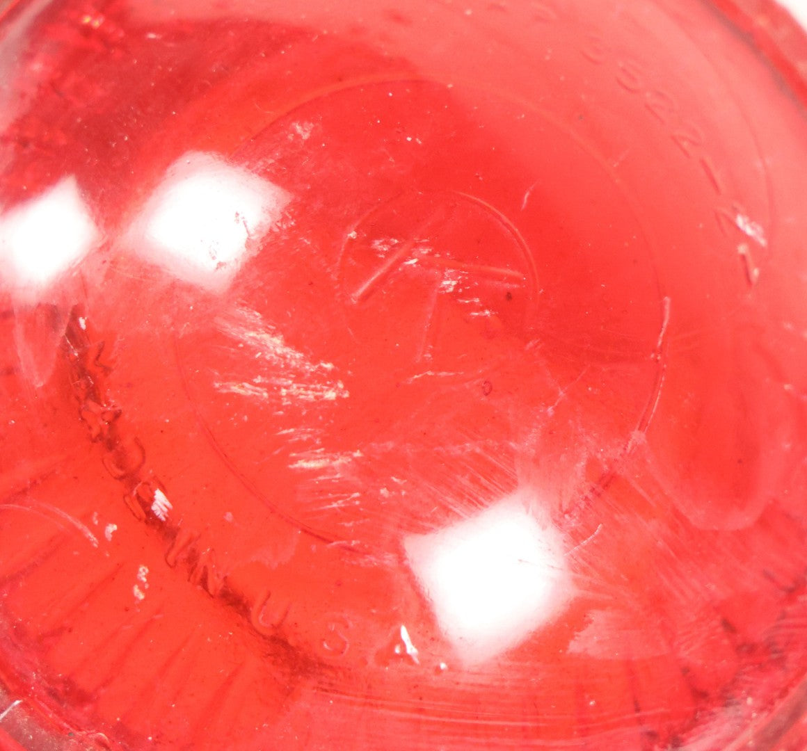 Lot 212 - Vintage Red Glass Warning Light Lens With Orange Painted Metal Base And Chain, 5-1/4" H