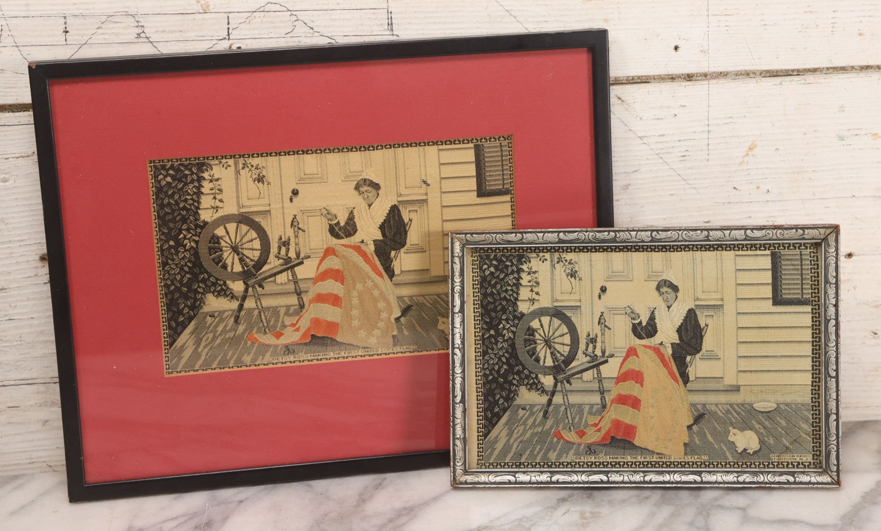 Lot 219 - Pair Of Vintage Betsy Ross Silk Prints, Circa Mid-20th Century, Framed, 8-1/2" x 5-3/4" And 12-1/2" x 9-3/4"