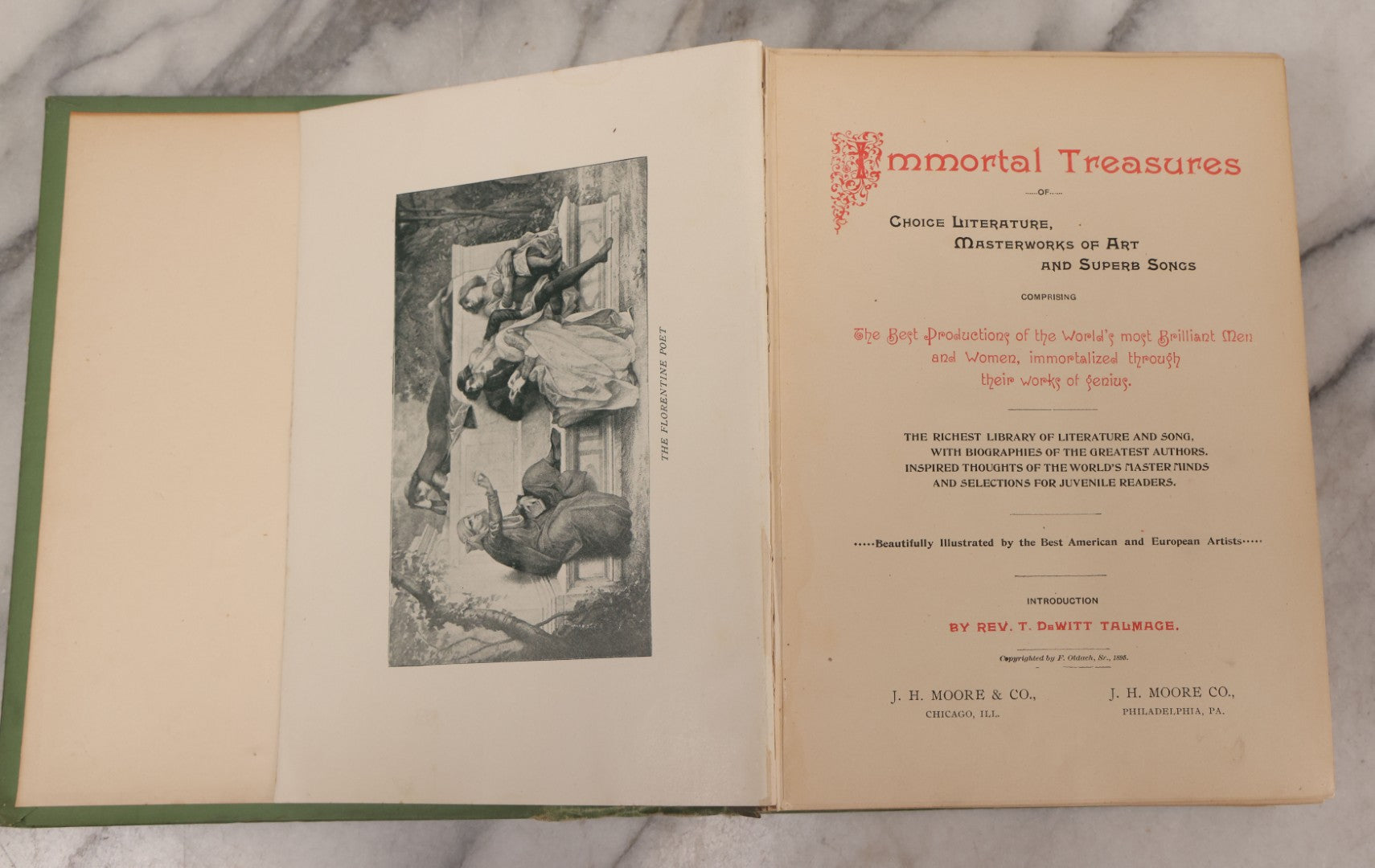 Lot 234 - "Immortal Treasures" Antique Illustrated Literature, Art, And Song Anthology Book With Engraved Plates, Published By J. H. Moore & Co., Chicago, Illinois, & Philadelphia, Pennsylvania, 1885, Note Covers Detached
