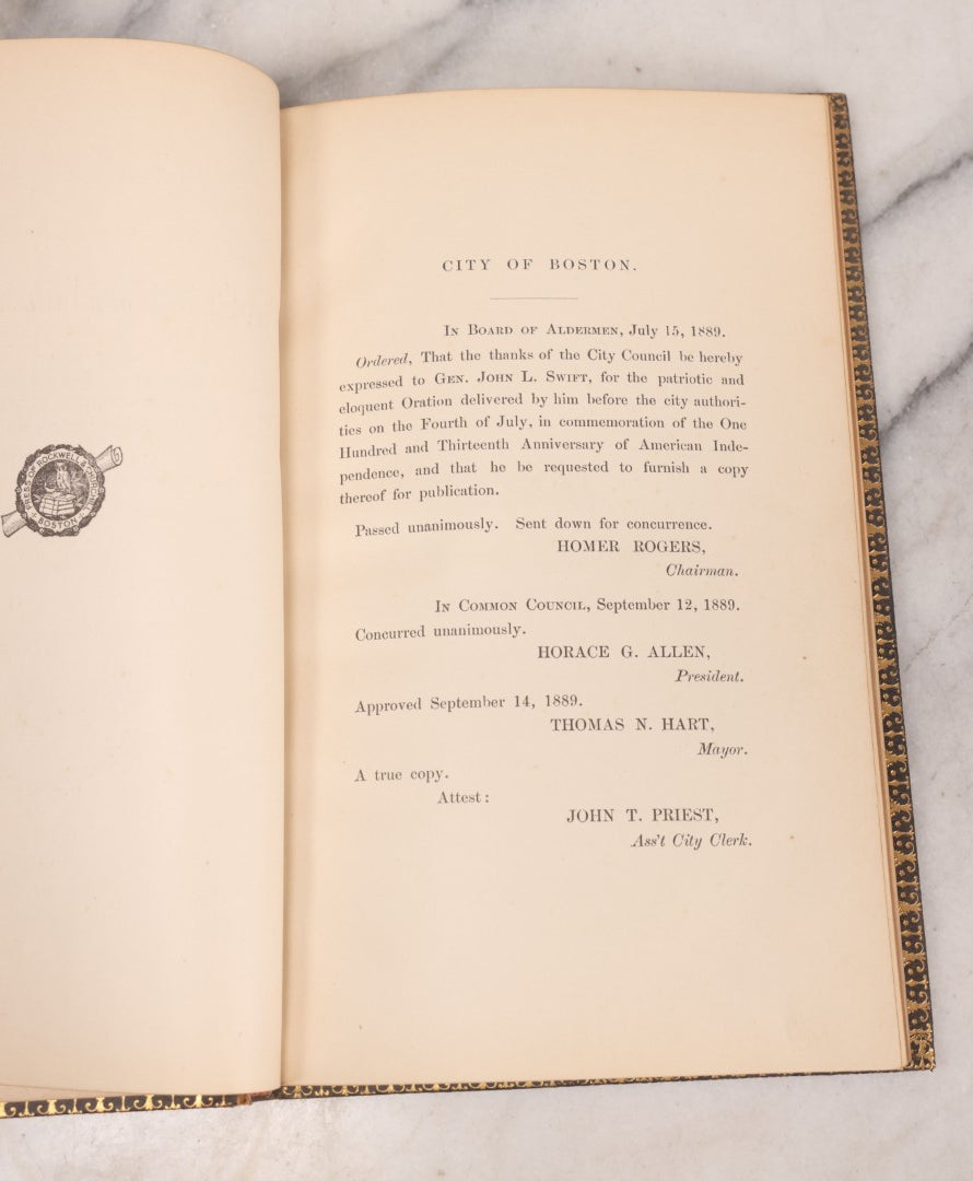 Lot 237 - "Fourth Of July Oration" Antique Boston City Council Speech Booklet By Gen. John L. Swift, Printed By Order Of The City Council, Boston, Massachusetts, 1889