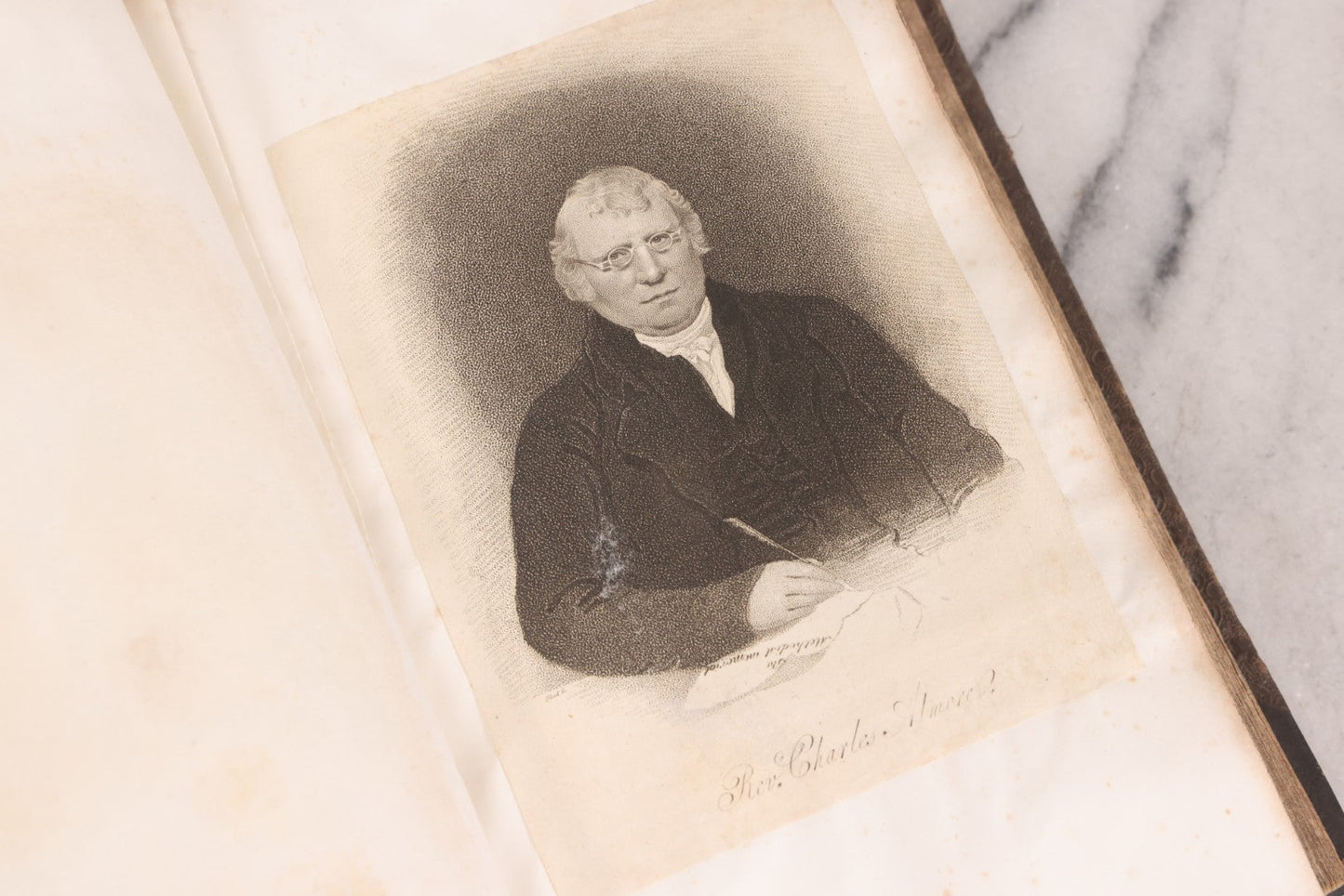 Lot 239 - "Wesleyan Portraits" Antique Bound Volume Of Pasted-In Engraved Reverend Portraits, Including Rev. Jeremiah Burnett, With Marbled Endpapers And Bookplate For Katie C. Mullikin, Volume II