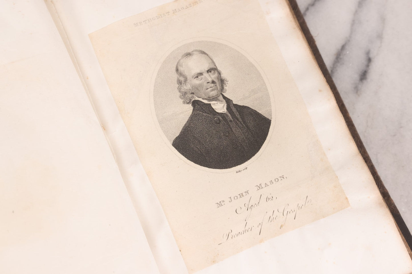 Lot 239 - "Wesleyan Portraits" Antique Bound Volume Of Pasted-In Engraved Reverend Portraits, Including Rev. Jeremiah Burnett, With Marbled Endpapers And Bookplate For Katie C. Mullikin, Volume II