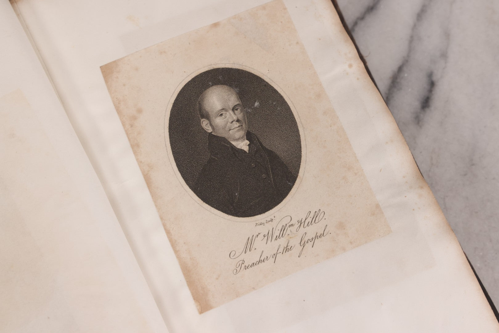 Lot 239 - "Wesleyan Portraits" Antique Bound Volume Of Pasted-In Engraved Reverend Portraits, Including Rev. Jeremiah Burnett, With Marbled Endpapers And Bookplate For Katie C. Mullikin, Volume II