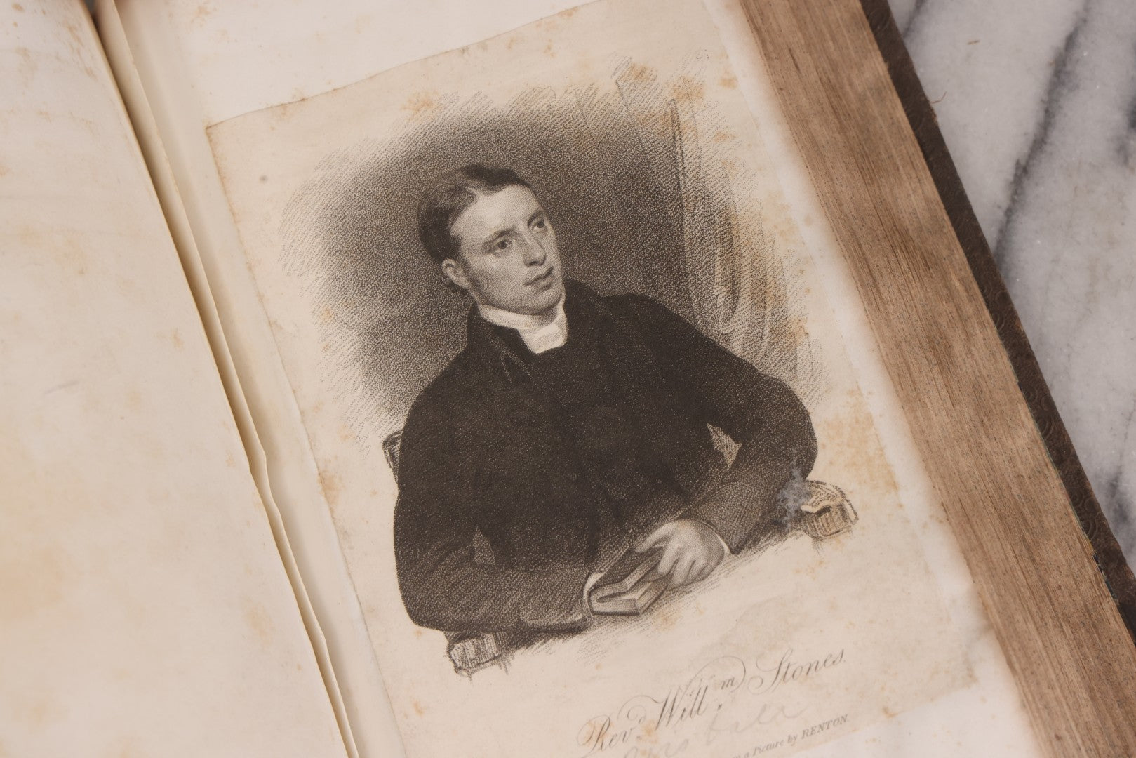 Lot 239 - "Wesleyan Portraits" Antique Bound Volume Of Pasted-In Engraved Reverend Portraits, Including Rev. Jeremiah Burnett, With Marbled Endpapers And Bookplate For Katie C. Mullikin, Volume II