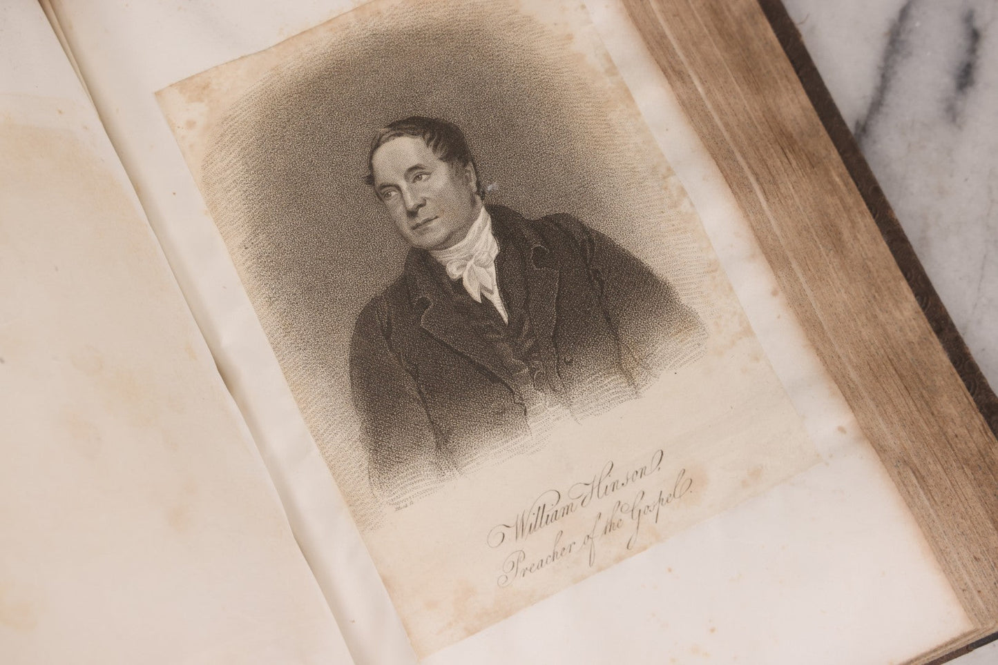 Lot 239 - "Wesleyan Portraits" Antique Bound Volume Of Pasted-In Engraved Reverend Portraits, Including Rev. Jeremiah Burnett, With Marbled Endpapers And Bookplate For Katie C. Mullikin, Volume II