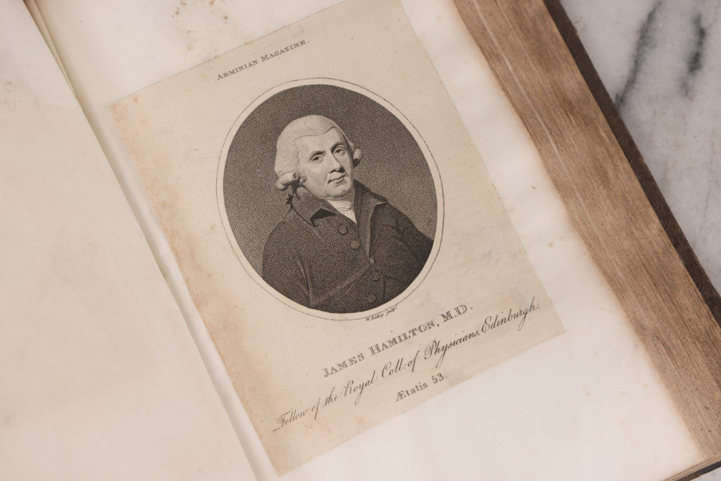 Lot 239 - "Wesleyan Portraits" Antique Bound Volume Of Pasted-In Engraved Reverend Portraits, Including Rev. Jeremiah Burnett, With Marbled Endpapers And Bookplate For Katie C. Mullikin, Volume II