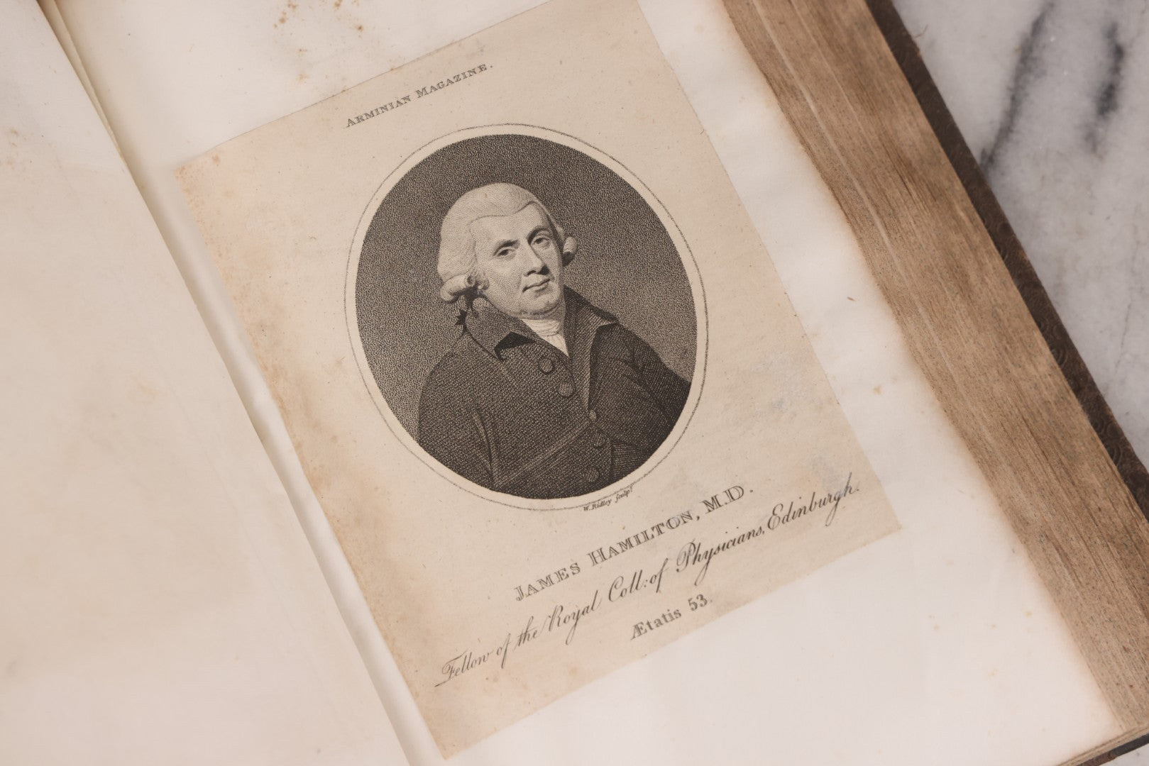 Lot 239 - "Wesleyan Portraits" Antique Bound Volume Of Pasted-In Engraved Reverend Portraits, Including Rev. Jeremiah Burnett, With Marbled Endpapers And Bookplate For Katie C. Mullikin, Volume II