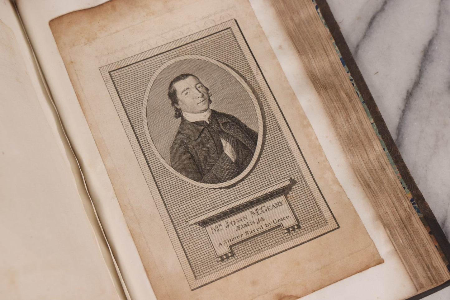 Lot 239 - "Wesleyan Portraits" Antique Bound Volume Of Pasted-In Engraved Reverend Portraits, Including Rev. Jeremiah Burnett, With Marbled Endpapers And Bookplate For Katie C. Mullikin, Volume II