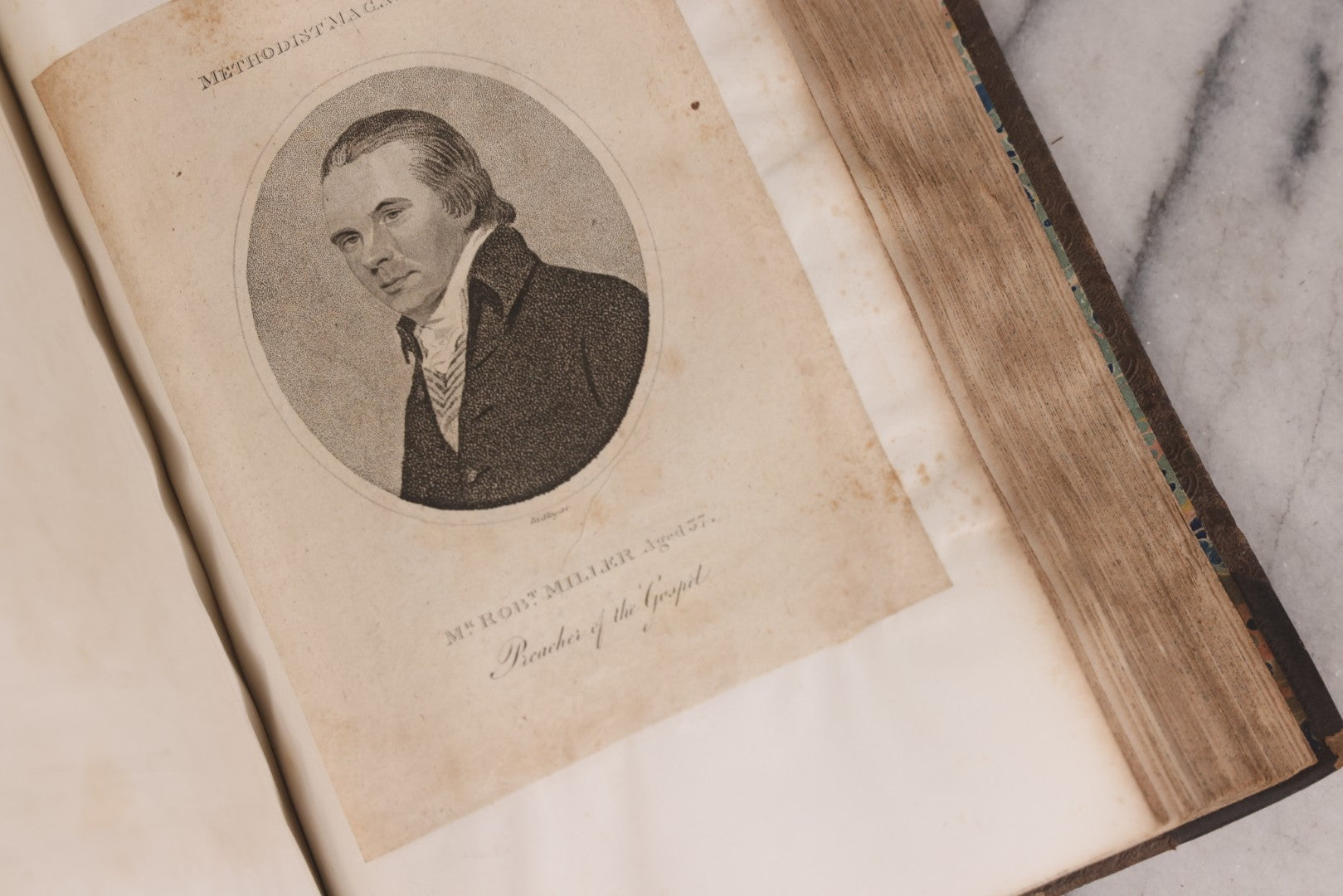 Lot 239 - "Wesleyan Portraits" Antique Bound Volume Of Pasted-In Engraved Reverend Portraits, Including Rev. Jeremiah Burnett, With Marbled Endpapers And Bookplate For Katie C. Mullikin, Volume II