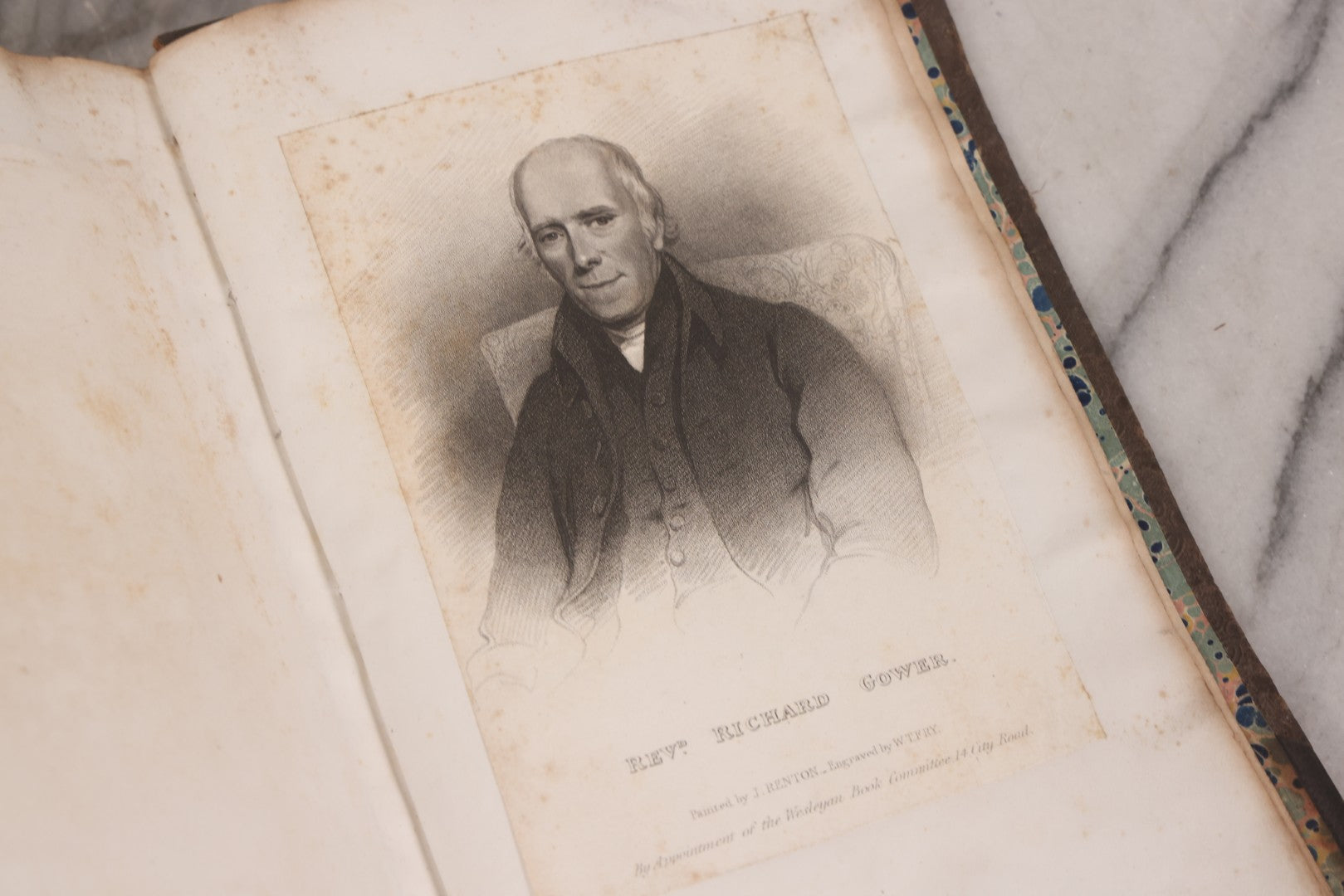 Lot 239 - "Wesleyan Portraits" Antique Bound Volume Of Pasted-In Engraved Reverend Portraits, Including Rev. Jeremiah Burnett, With Marbled Endpapers And Bookplate For Katie C. Mullikin, Volume II