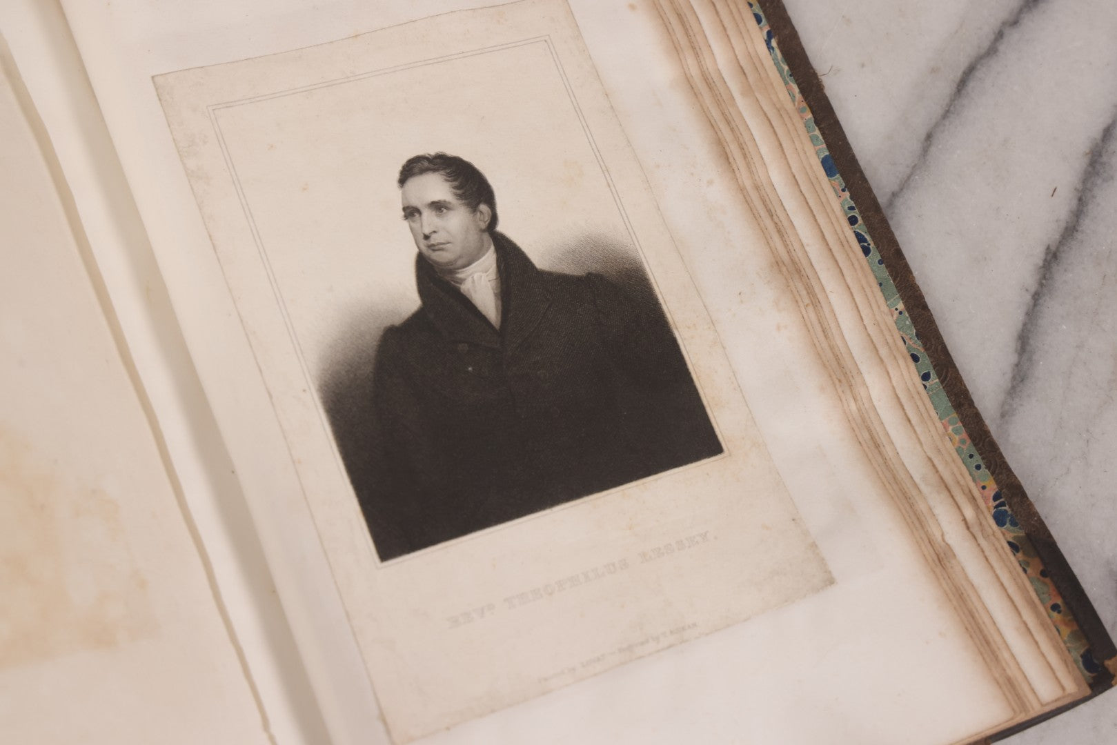 Lot 239 - "Wesleyan Portraits" Antique Bound Volume Of Pasted-In Engraved Reverend Portraits, Including Rev. Jeremiah Burnett, With Marbled Endpapers And Bookplate For Katie C. Mullikin, Volume II