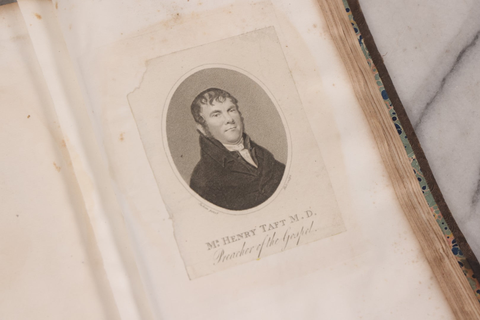 Lot 239 - "Wesleyan Portraits" Antique Bound Volume Of Pasted-In Engraved Reverend Portraits, Including Rev. Jeremiah Burnett, With Marbled Endpapers And Bookplate For Katie C. Mullikin, Volume II