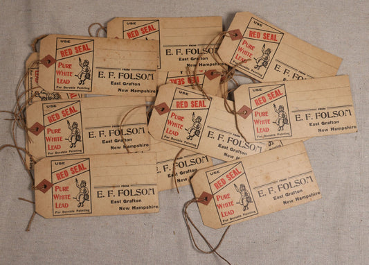 Lot 192 - Grouping Of 14 Antique Red Seal Pure White Lead Paint Advertising Shipping Tags From E.F. Folsom, East Grafton, New Hampshire