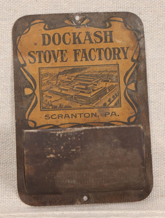 Lot 193 - Antique Dockash Stove Factory Tin Lithographed Advertising Wall Match Holder With Factory Illustration, Scranton, Pennsylvania