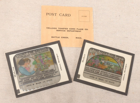 Lot 195 - Pair Of Antique 1914 Kellogg's Toasted Corn Flake Co. Advertising Glass Magic Lantern Slides With Postcard And Box, Globe Slide & Film Co., Albion, Michigan