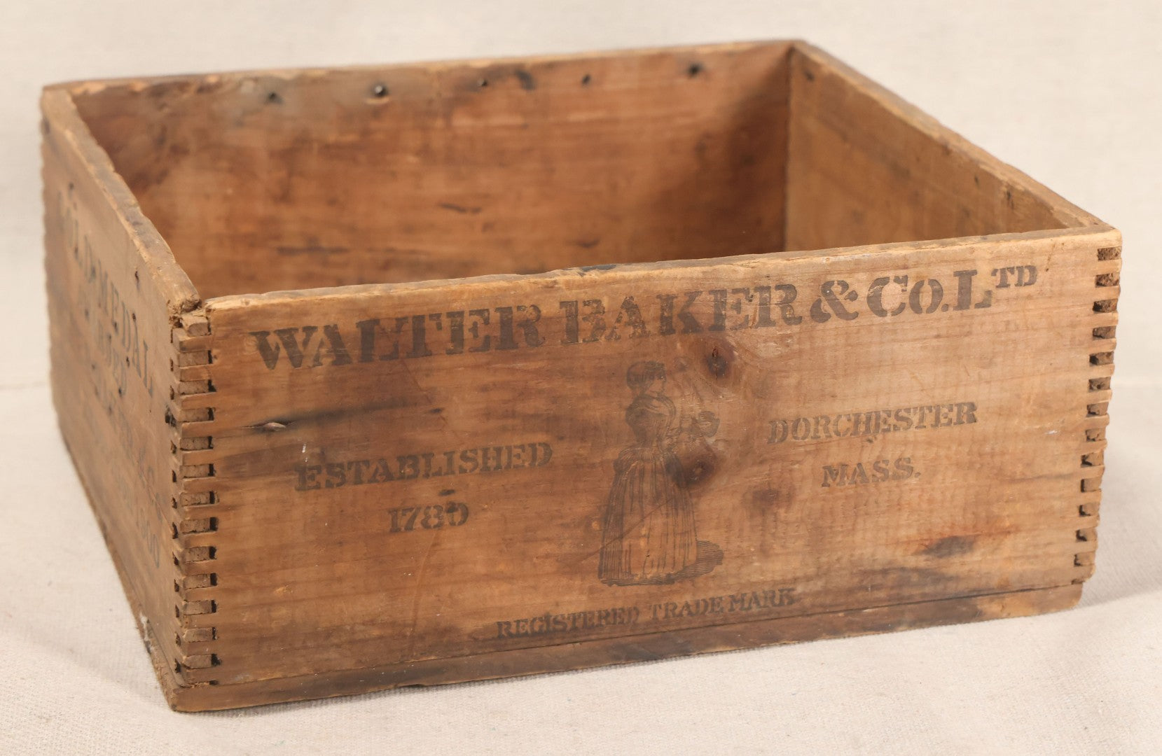 Lot 197 - Antique Walter Baker & Co. Ltd. Breakfast Cocoa Finger-Jointed Wooden Shipping Crate, Dorchester, Massachusetts, With La Belle Chocolatiere Trademark And Gold Medal Paris Exposition 1900