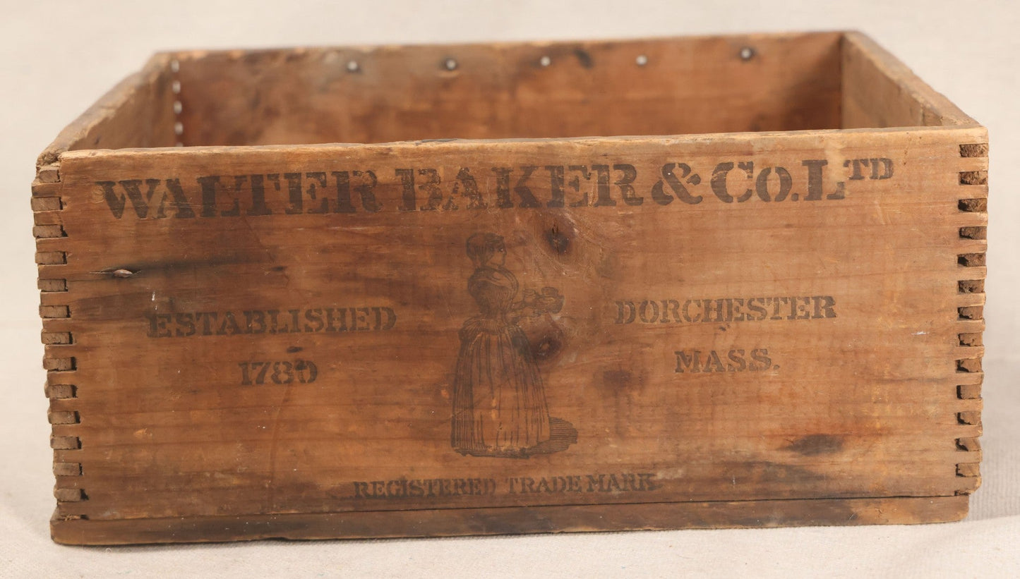 Lot 197 - Antique Walter Baker & Co. Ltd. Breakfast Cocoa Finger-Jointed Wooden Shipping Crate, Dorchester, Massachusetts, With La Belle Chocolatiere Trademark And Gold Medal Paris Exposition 1900