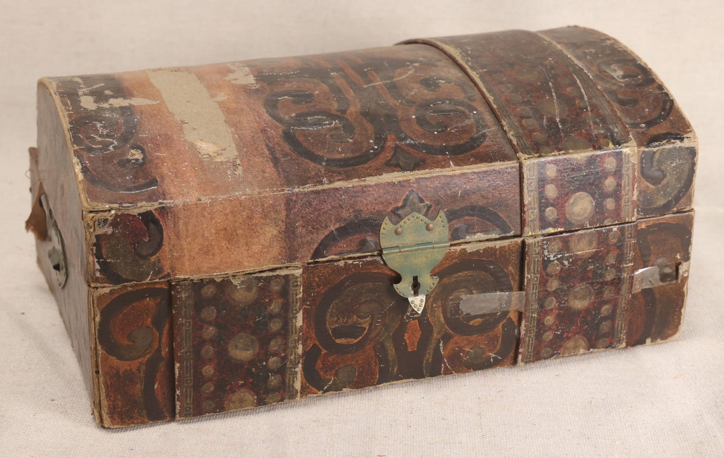 Lot 199 - Vintage Paper-Covered Dome-Top Play Trunk With Hand-Painted Designs And Pasted Caribbean Map Interior