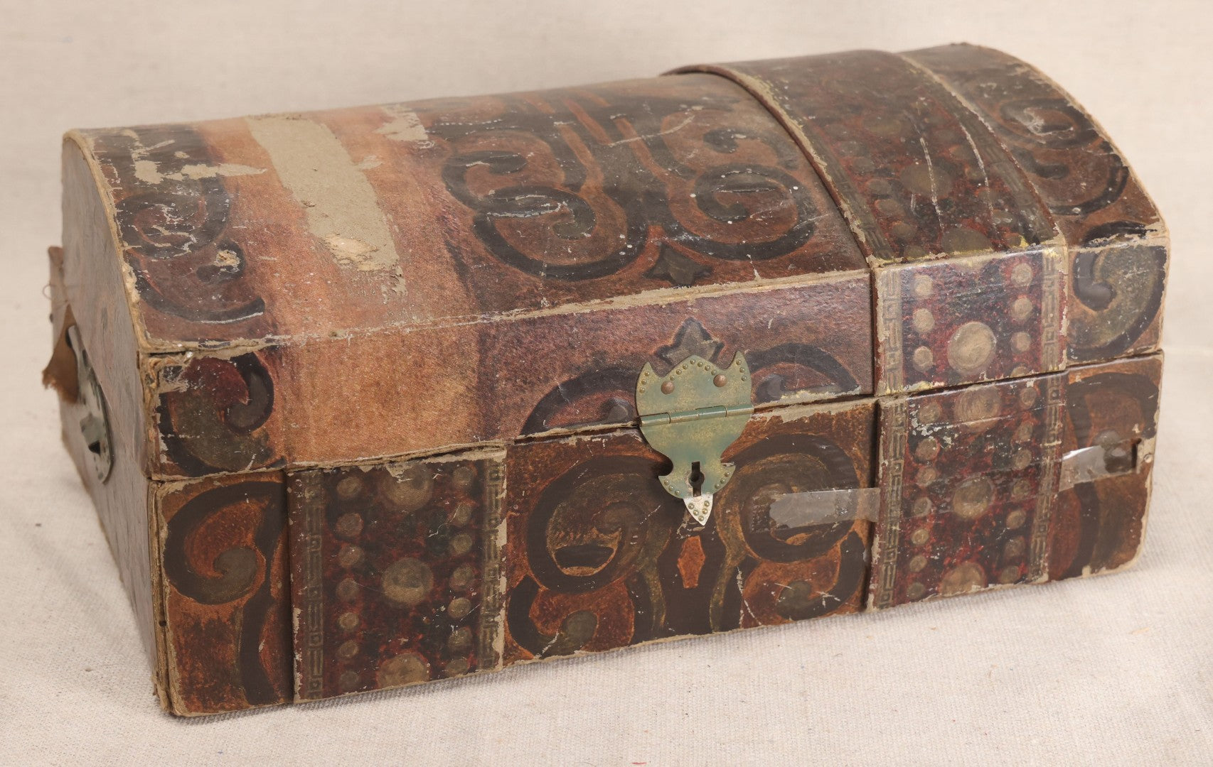 Lot 199 - Vintage Paper-Covered Dome-Top Play Trunk With Hand-Painted Designs And Pasted Caribbean Map Interior