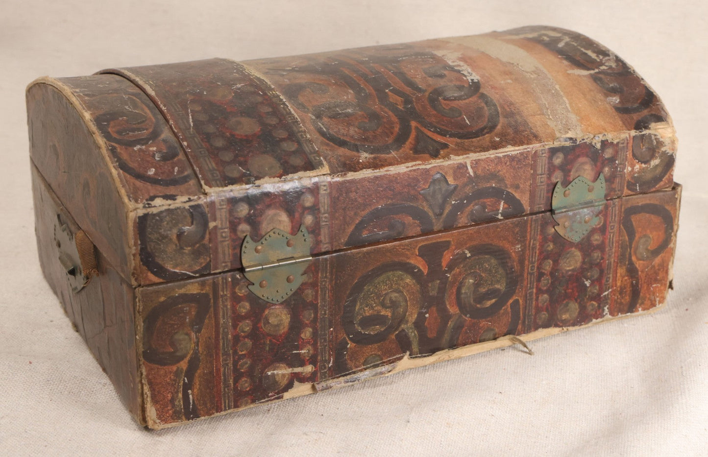 Lot 199 - Vintage Paper-Covered Dome-Top Play Trunk With Hand-Painted Designs And Pasted Caribbean Map Interior