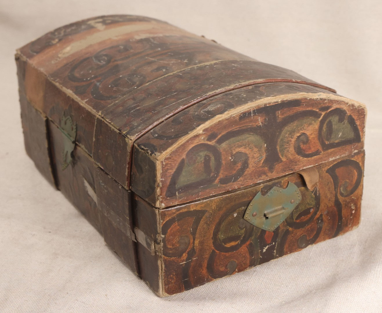 Lot 199 - Vintage Paper-Covered Dome-Top Play Trunk With Hand-Painted Designs And Pasted Caribbean Map Interior