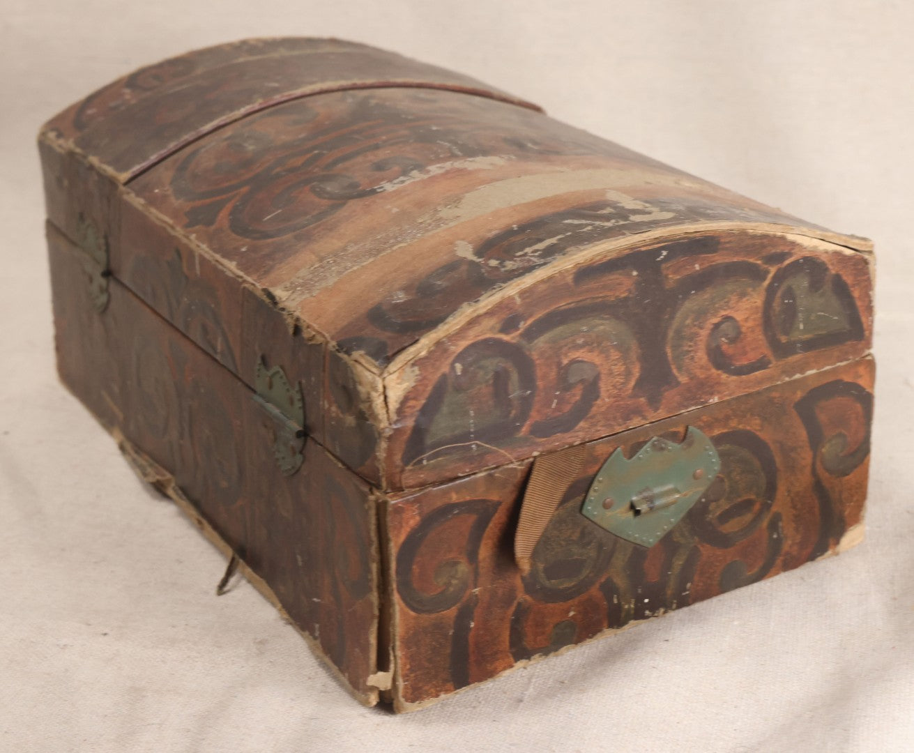 Lot 199 - Vintage Paper-Covered Dome-Top Play Trunk With Hand-Painted Designs And Pasted Caribbean Map Interior