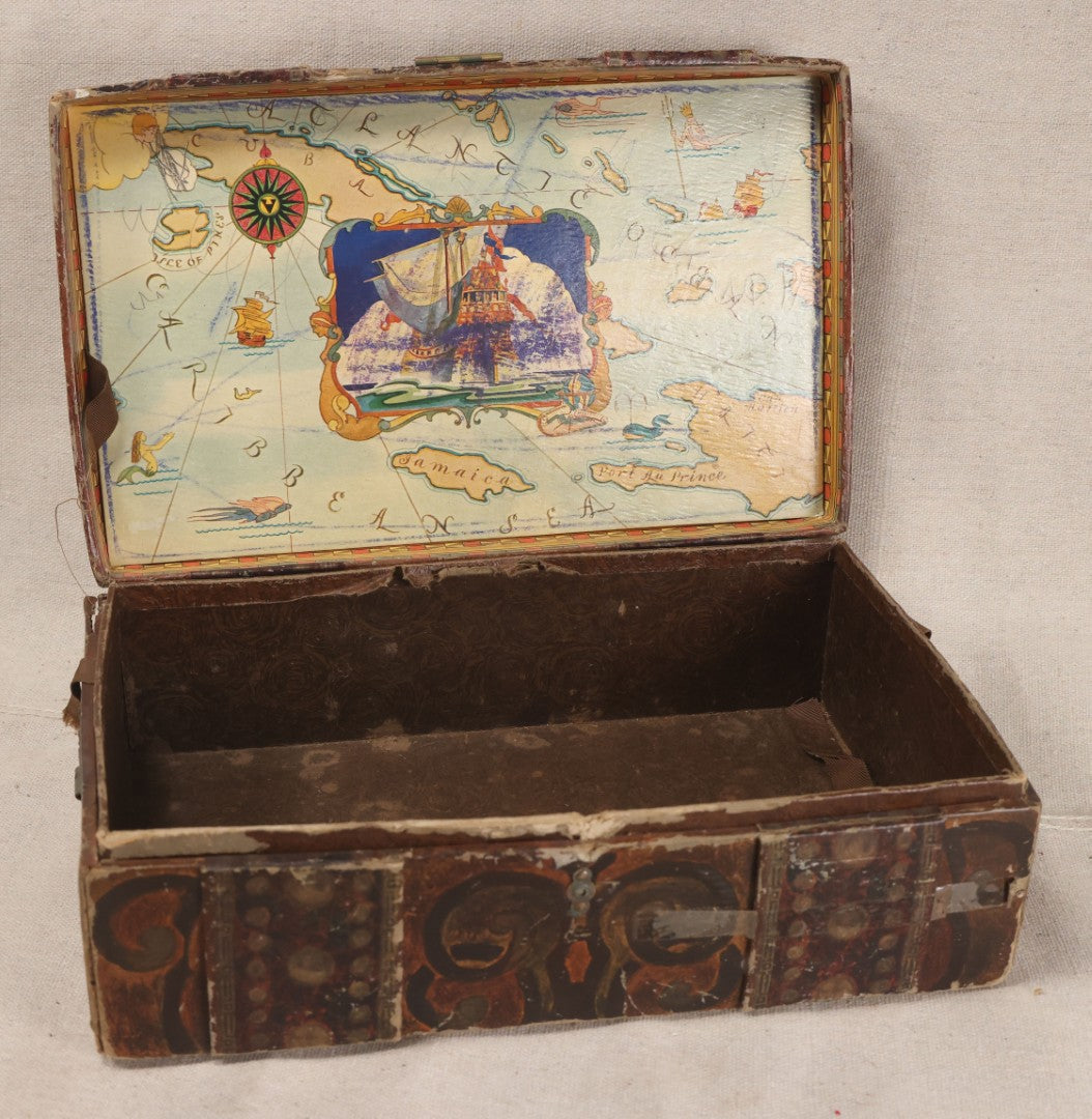 Lot 199 - Vintage Paper-Covered Dome-Top Play Trunk With Hand-Painted Designs And Pasted Caribbean Map Interior