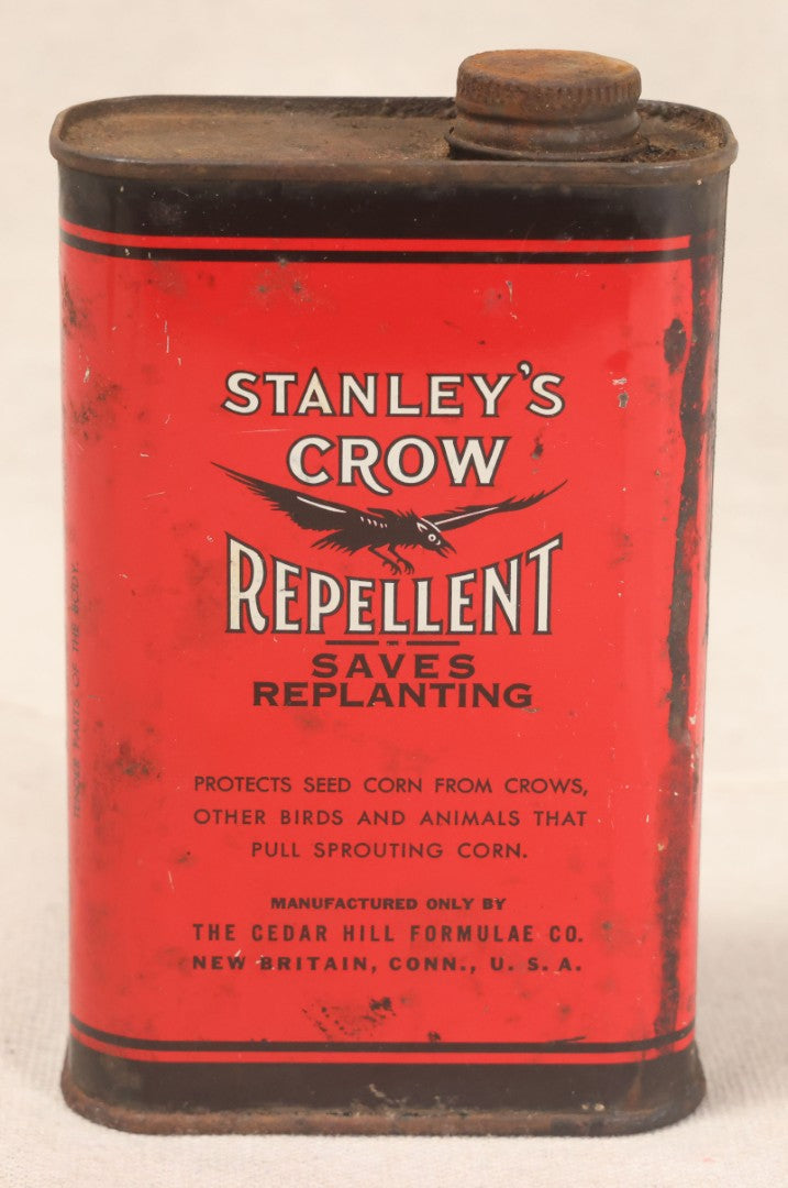 Lot 201 - Vintage Stanley's Crow Repellent Tin With Crow Graphic, The Cedar Hill Formulae Co., New Britain, Connecticut