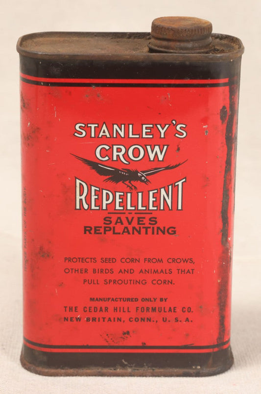 Lot 201 - Vintage Stanley's Crow Repellent Tin With Crow Graphic, The Cedar Hill Formulae Co., New Britain, Connecticut