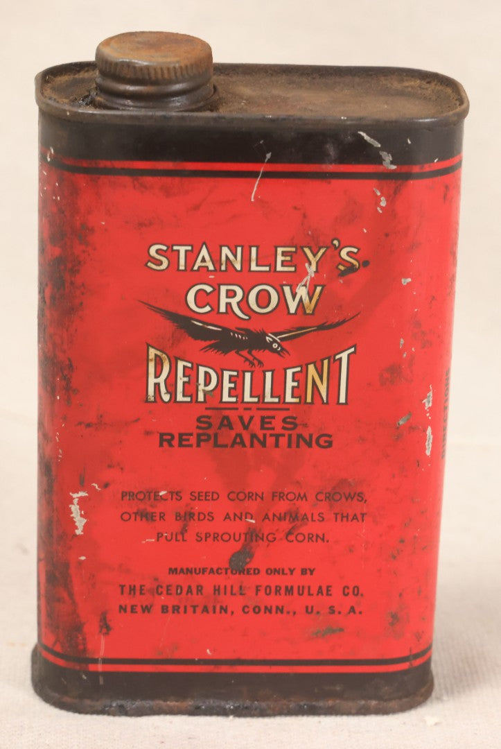 Lot 201 - Vintage Stanley's Crow Repellent Tin With Crow Graphic, The Cedar Hill Formulae Co., New Britain, Connecticut