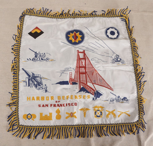 Lot 221 - Vintage World War II Era Harbor Defenses Of San Francisco Military Sweetheart Pillowcase With Golden Gate Bridge, Artillery, And Unit Insignia