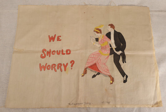 Lot 225 - Antique Unfinished Embroidered Pillow Top, "We Should Worry?" Dancing Couple, Richardson's Design No. 9005