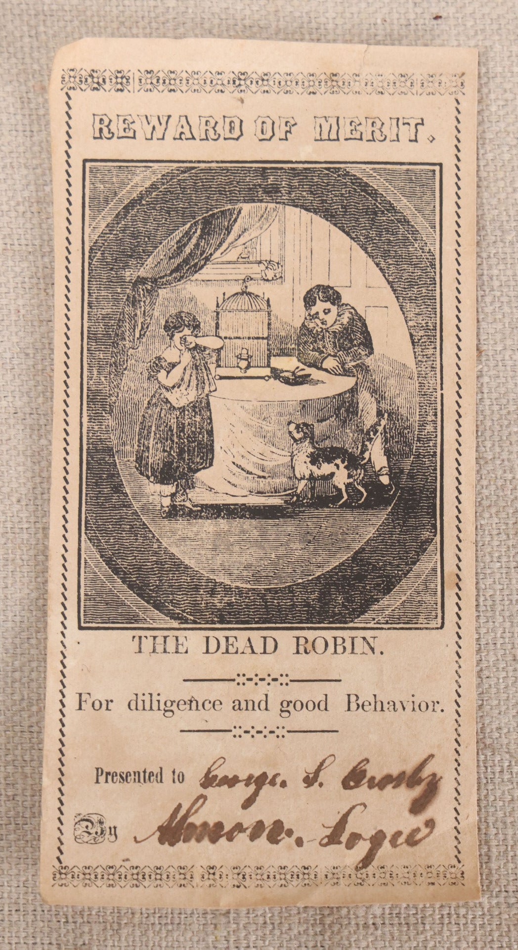 Lot 228 - Antique Reward Of Merit Card, "The Dead Robin" Vignette, Presented To George S. Crosby