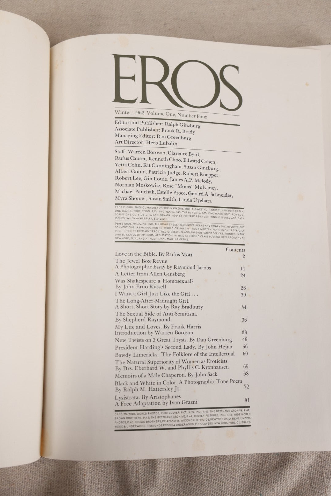 Lot 234 - Vintage "Eros" Hardcover Quarterly Magazine, Winter 1962, Volume 1, Number 4, Edited By Ralph Ginzburg, Genesis Passages And Dürer Woodcut Cover